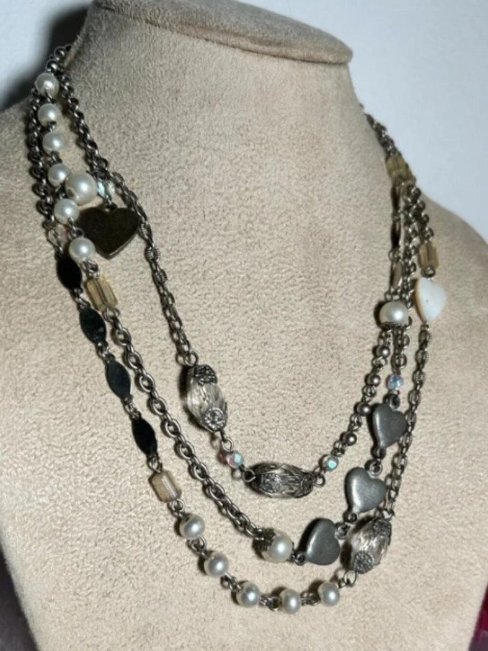 Vintage American Eagle (AE) Triple-Strand Pearl & Silver Heart Layered Necklace